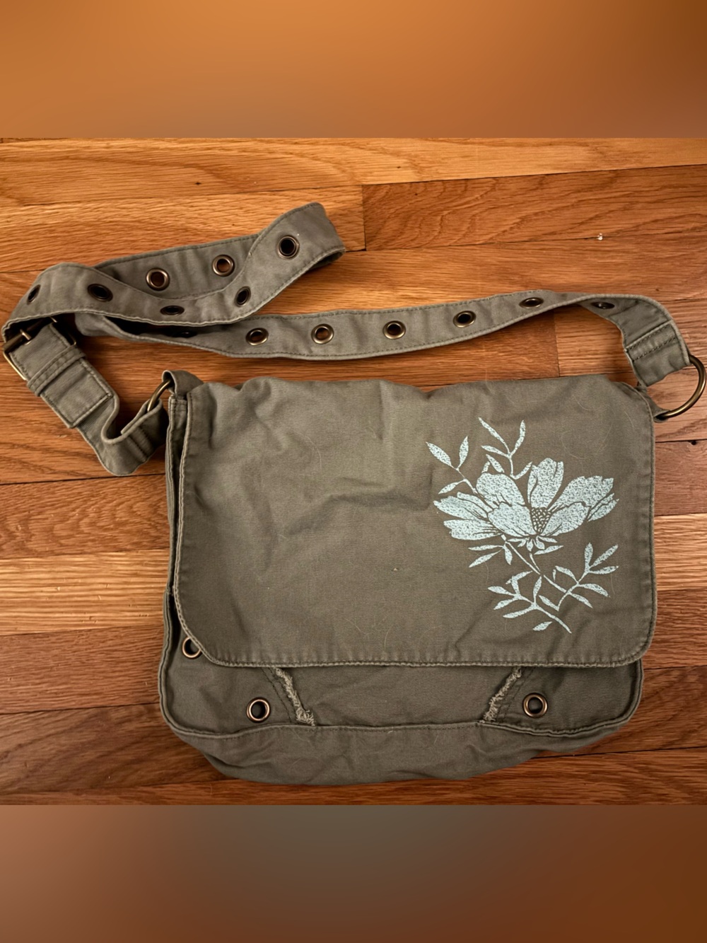 Vintage Old Navy Olive Green Canvas Messenger Bag with Floral Print